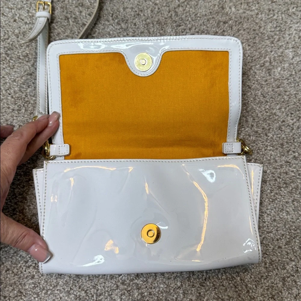 Tory Burch Kipp Perforated Logo Patent Leather Crossbody Bag White Gold